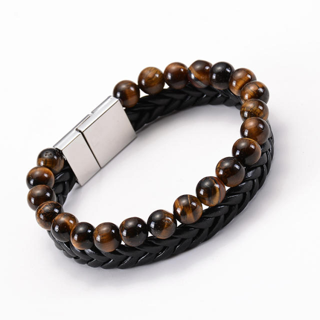 Natural beads tiger eye beads two layer bracelet for men
