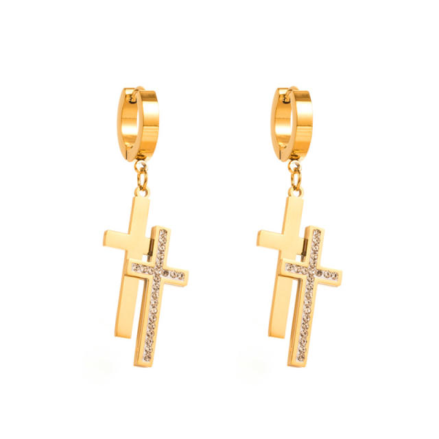 14KG color rhinestone cross stainless steel huggie earrings