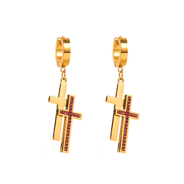 14KG color rhinestone cross stainless steel huggie earrings