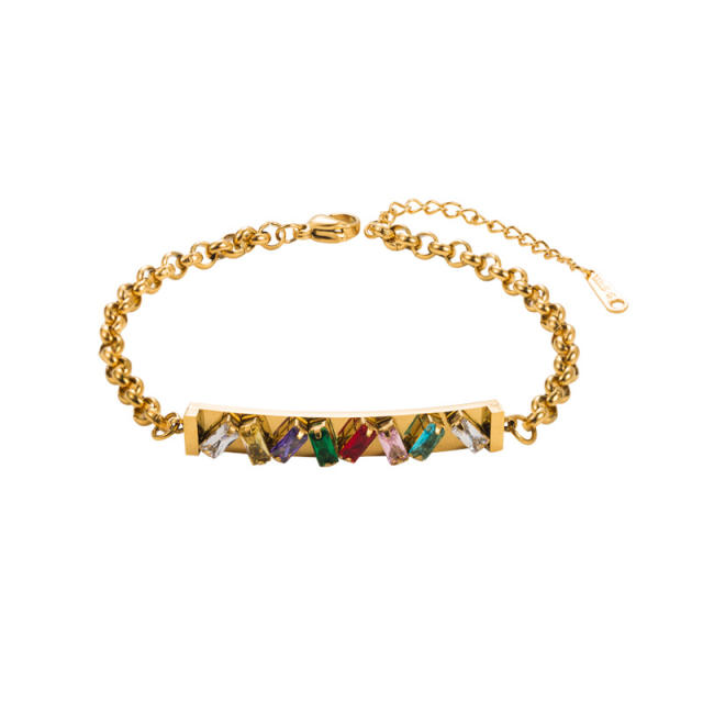 Hot sale rainbow cubic zircon setting evil eye stainless steel bracelet