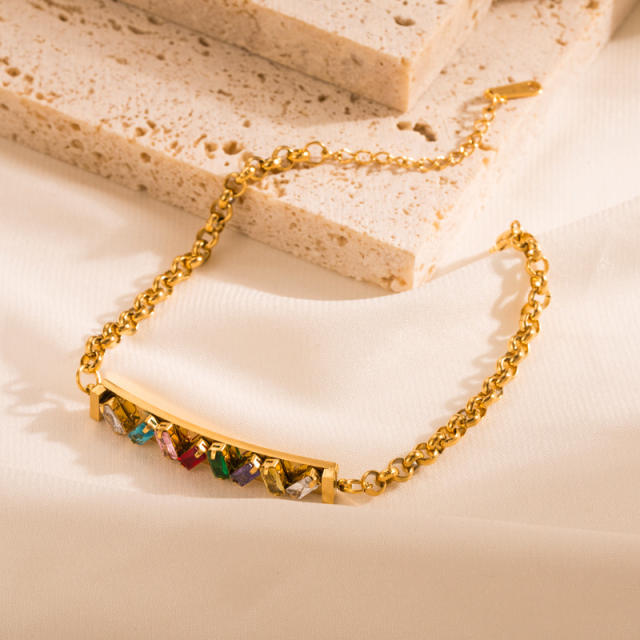 Hot sale rainbow cubic zircon setting evil eye stainless steel bracelet