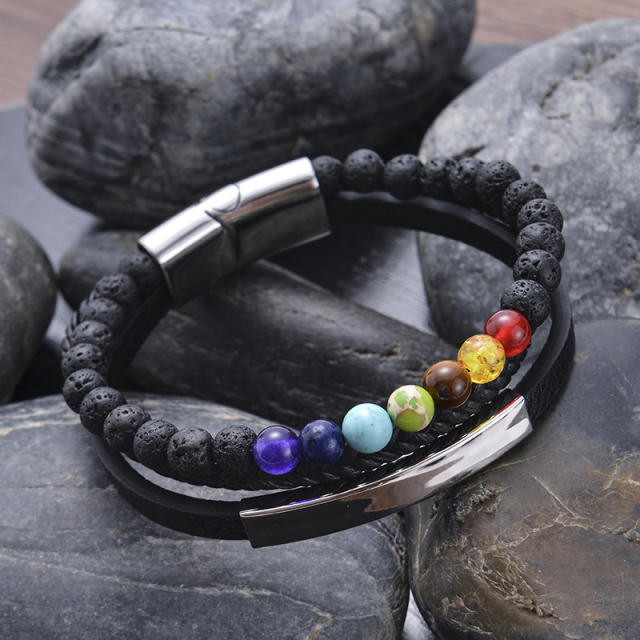 Hot sale color natural stone PU leather layer bangle for men