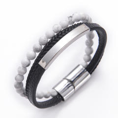 Hot sale color natural stone PU leather layer bangle for men