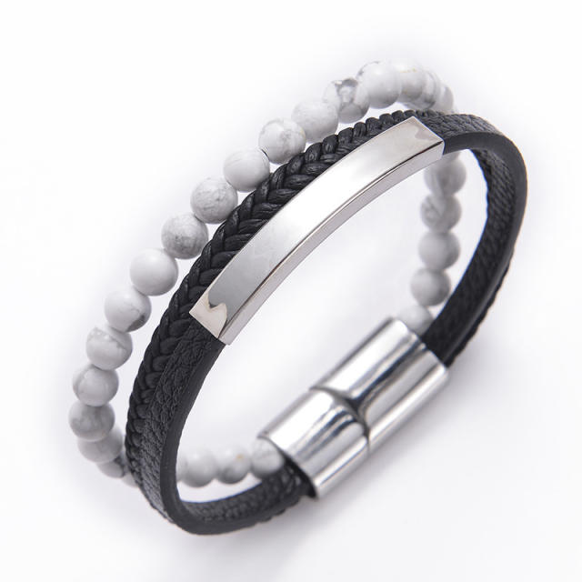 Hot sale color natural stone PU leather layer bangle for men