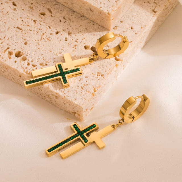 14KG color rhinestone cross stainless steel huggie earrings