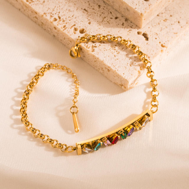 Hot sale rainbow cubic zircon setting evil eye stainless steel bracelet