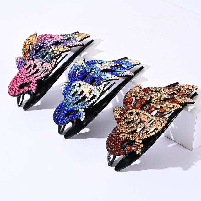 Korean fashion pave setting rhinestone peacock hair claw clips