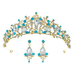 2pcs blue rhinestone setting crown earrings set