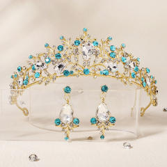 2pcs blue rhinestone setting crown earrings set
