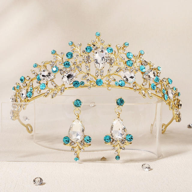 2pcs blue rhinestone setting crown earrings set