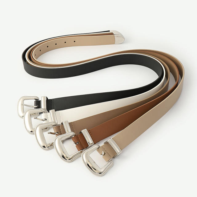 Concise silver metal buckle belt for women