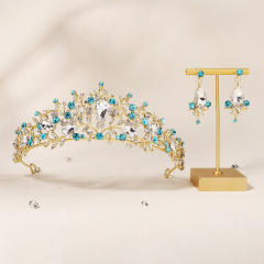 2pcs blue rhinestone setting crown earrings set