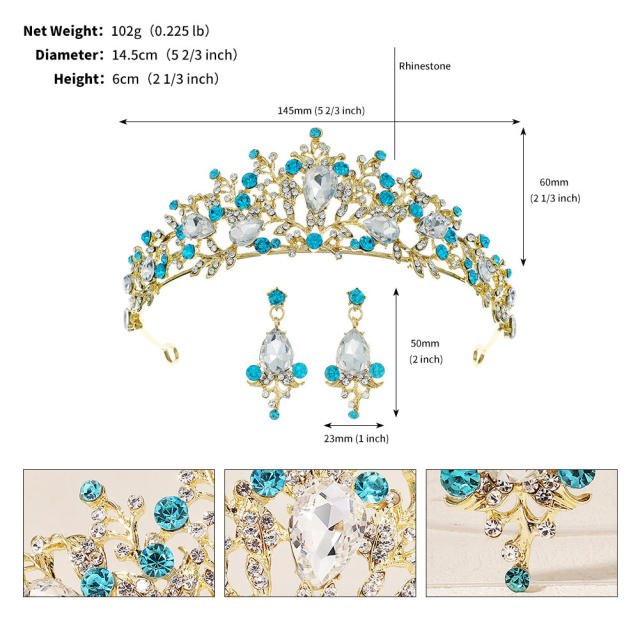 2pcs blue rhinestone setting crown earrings set