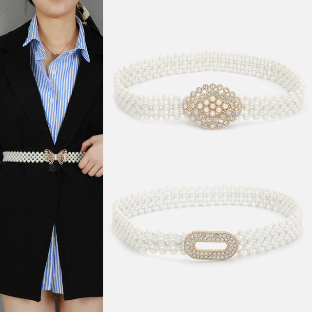 INS korean fashion rhinestone faux pearl beads elastic corset belt
