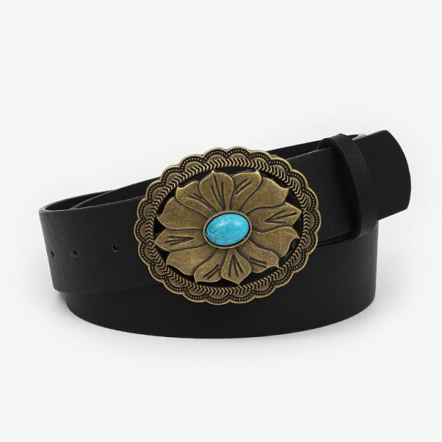 Vintage blue color stone setting buckle belt for women