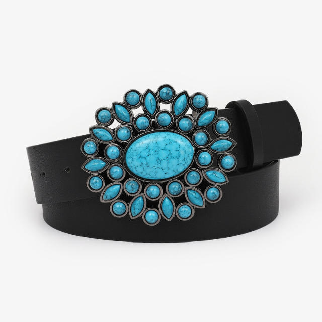 Vintage blue color stone setting buckle belt for women