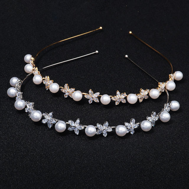 Korean fashion elegant pearl cubic zircon wedding headband