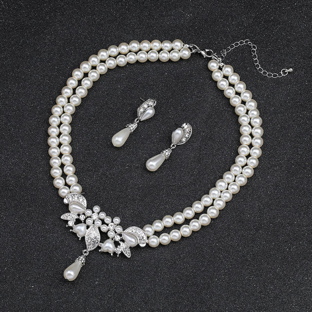 Elegant two layer faux pearl bead jewelry set