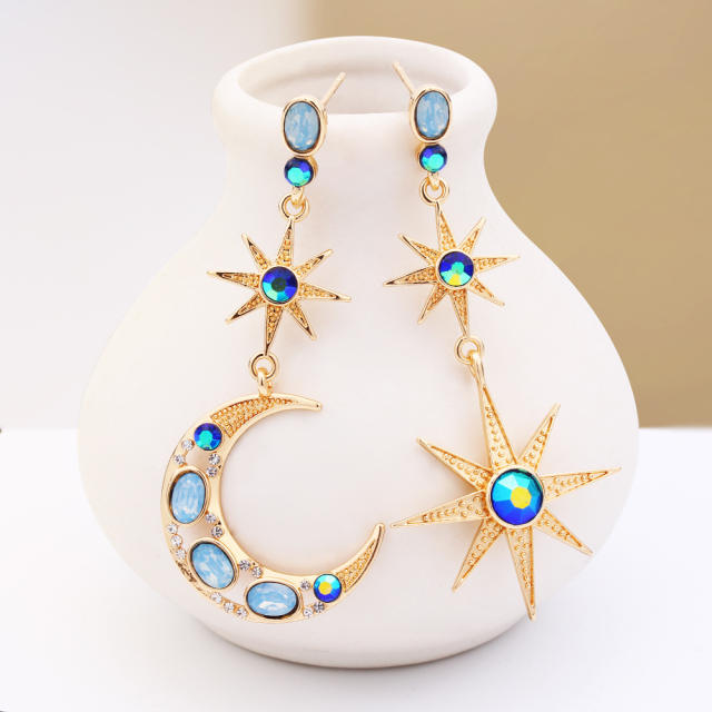 Vintage delicate blue color rhinestone setting moon star earrings