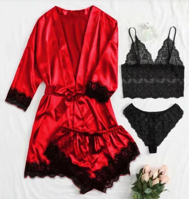 4pcs sexy black lace satin pajamas set