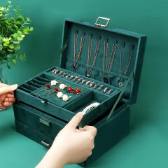 Three layer green color large capacity jewelry box with lock