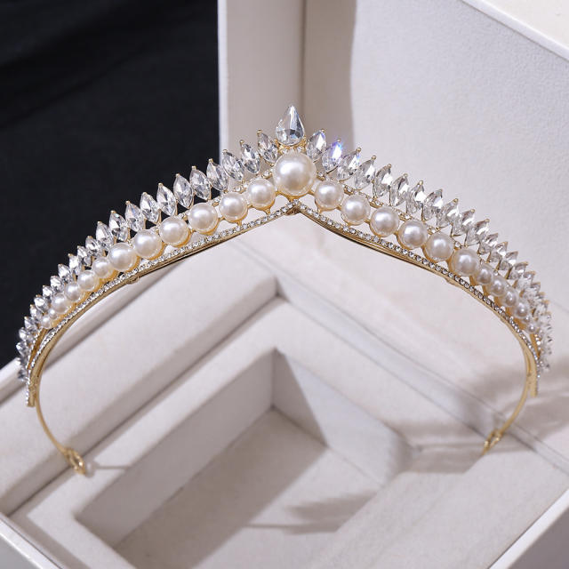 Elegant pearl bead rhinestone setting crown