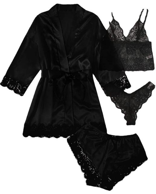 4pcs sexy black lace satin pajamas set
