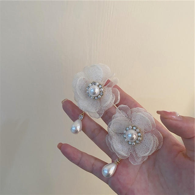 925 needle spring summer white color fabric flower pearl drop earrings