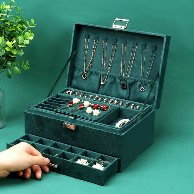 Three layer green color large capacity jewelry box with lock