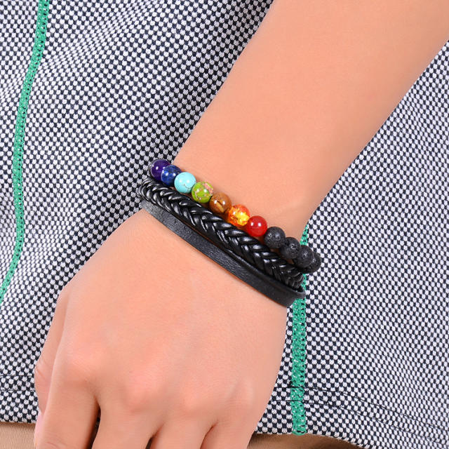 Amazon hot sale black color Volcanic rock leather bangle for men