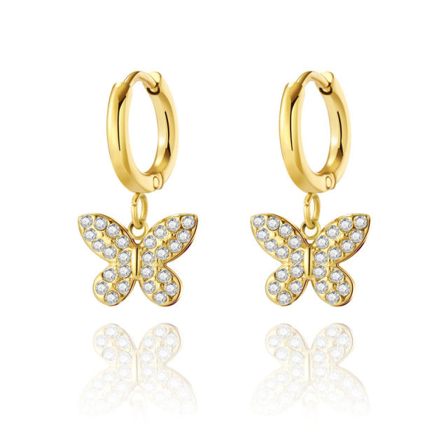 Ins trend pave setting rhinestone butterfly heart star stainless steel huggie earrings