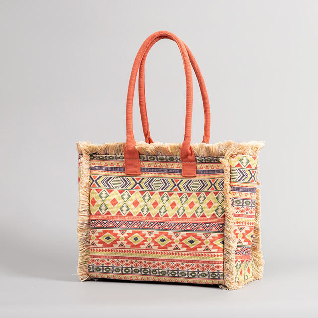 Boho color pattern large capacity tassel tote bag