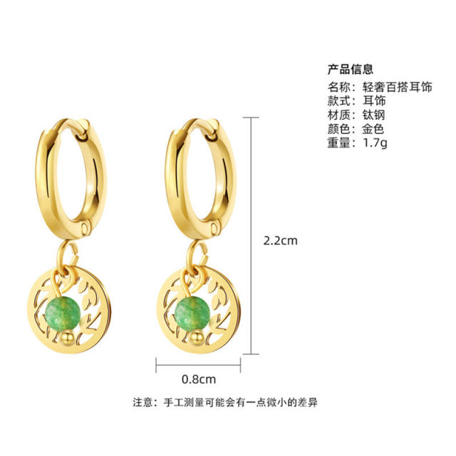 Frech trend green color jade statement stainless steel huggie earrings