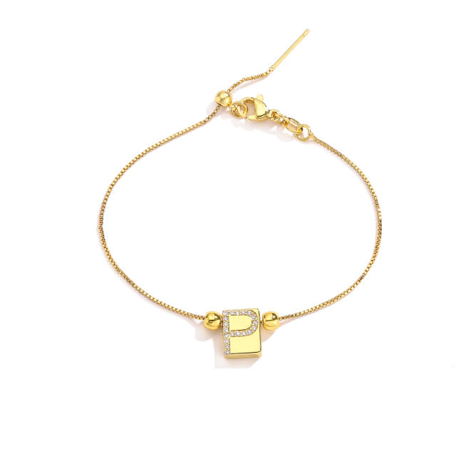 Delicate cubic zircon initial letter real gold plated copper bracelet