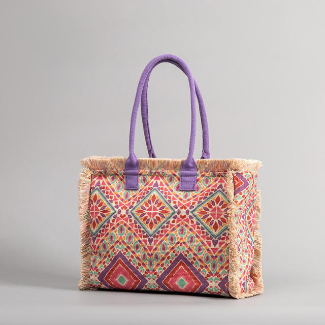 Boho color pattern large capacity tassel tote bag