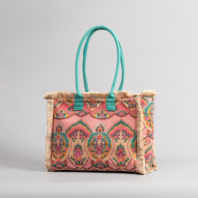 Boho color pattern large capacity tassel tote bag