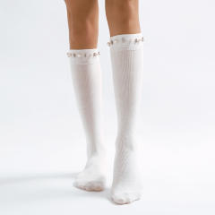 Elegant plain color rhinestone pearl setting socks