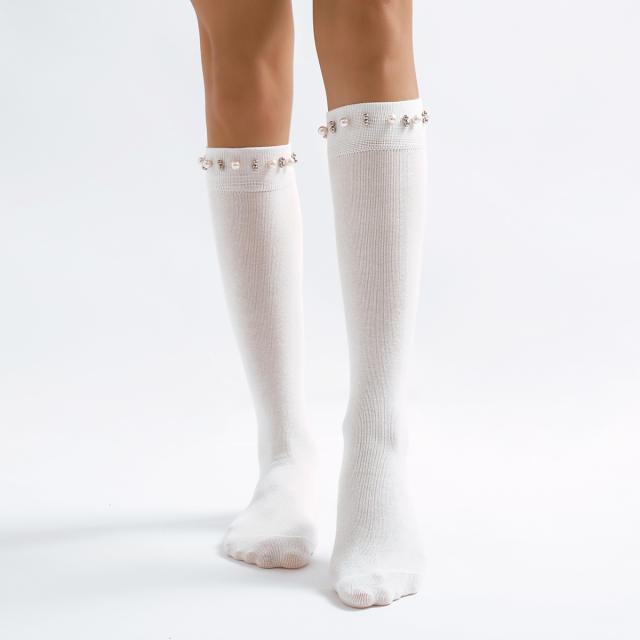 Elegant plain color rhinestone pearl setting socks