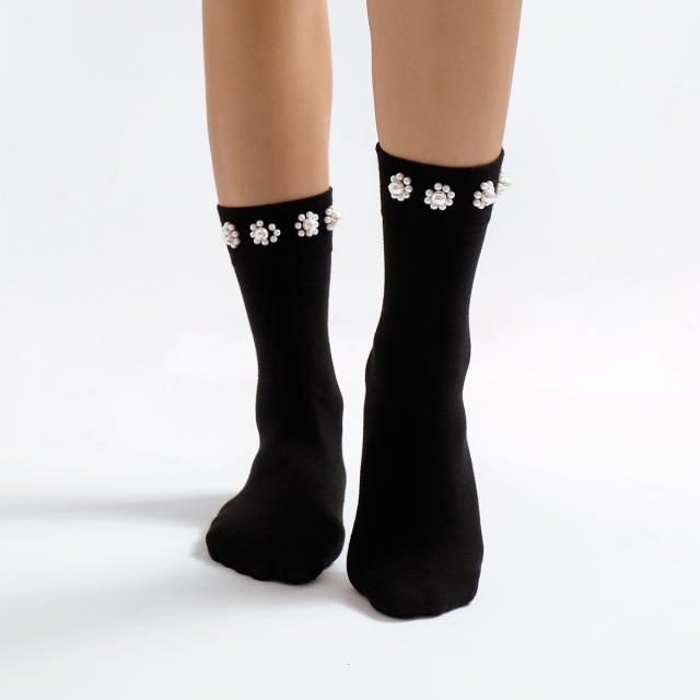 Sweet pearl setting cotton women socks