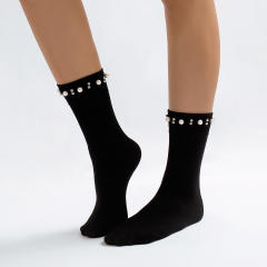 Elegant plain color rhinestone pearl setting socks