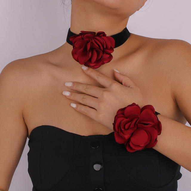 Romantic elegant fabirc flower black choker set