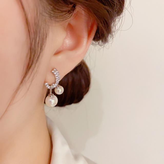 Korean fashion pave setting rhinestone pearl studs earrings