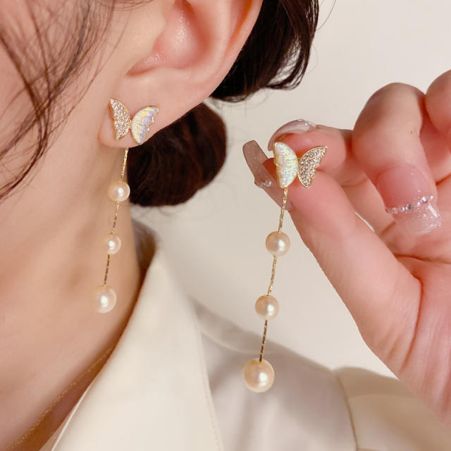 Elegant pearl butterfly jacket earrings