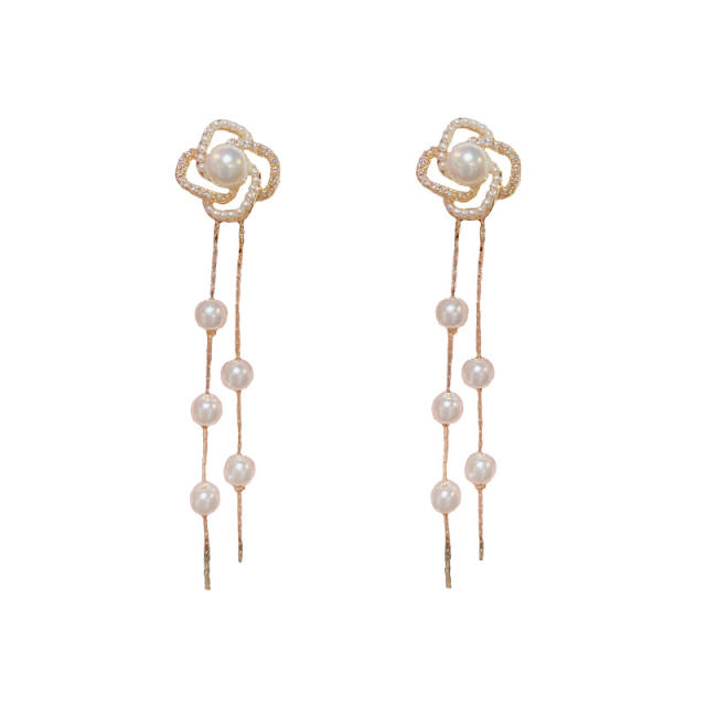 925 needle pearl camellia jacket earrings long earrings