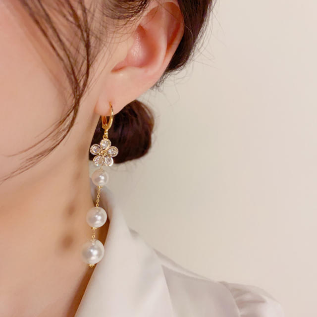 Korean fashion cubic zircon flower pearl dangle earrings