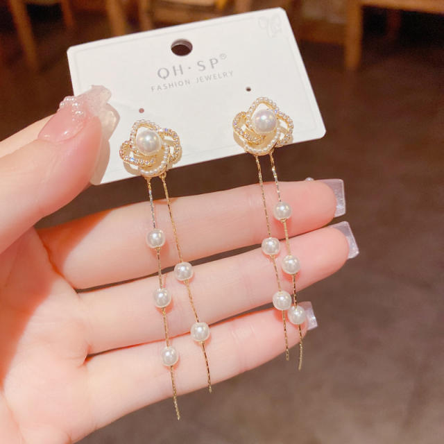 925 needle pearl camellia jacket earrings long earrings