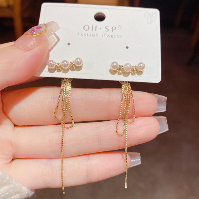 Elegant tiny pearl beads chain tassel jacket earrings