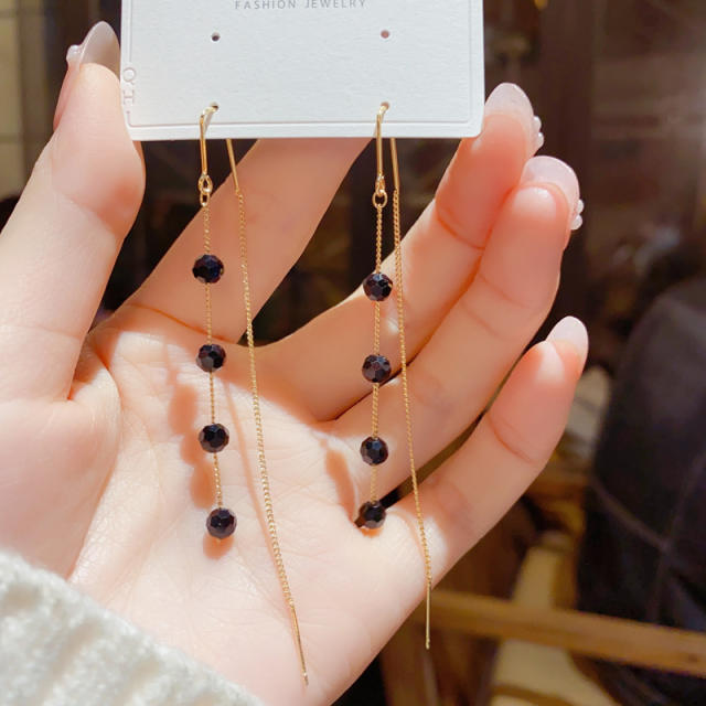 Elegant black crystal beads threader earrings