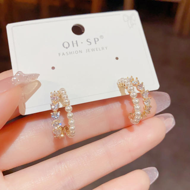 925 needle elegant pearl cubic zircon open hoop earrings