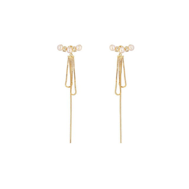 Elegant tiny pearl beads chain tassel jacket earrings